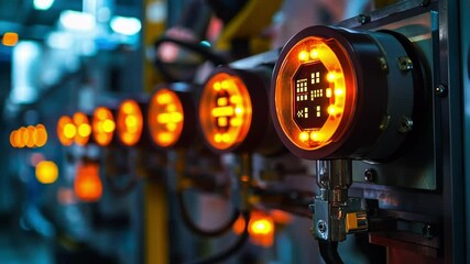 Poster - Round orange lights illuminating an industrial machine in a manufacturing plant, signaling active operation and showcasing the dynamic processes within the facility