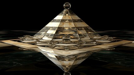 Poster - Intricate geometric pyramid sculpture showcasing reflective surfaces against a dark background. Generative AI