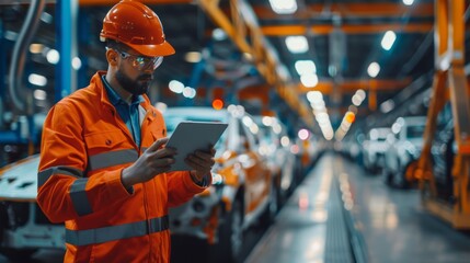 Poster - An engineer wearing safety gear and a hard hat uses a tablet to inspect a modern car manufacturing plant. The background shows a busy factory floor with cars on the production line.
