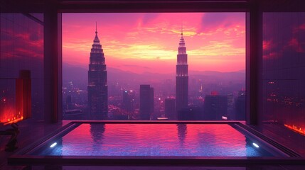 Wall Mural - Rooftop infinity pool with city sunrise view