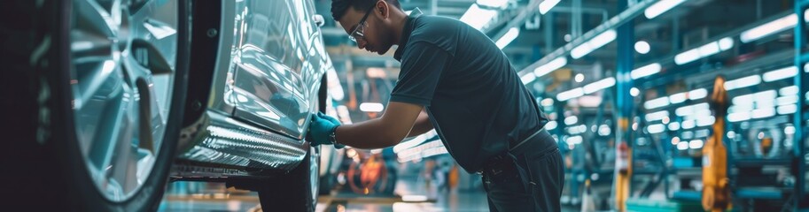 Poster - A skilled technician inspects and performs quality check on an automobile in a state-of-the-art automotive manufacturing facility, ensuring the highest standards of safety and performance.