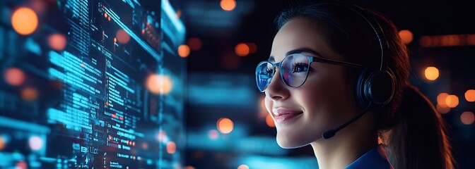 Aufkleber - Confident Woman with Headset Analyzing Digital Data in Modern Tech Setting : Generative AI