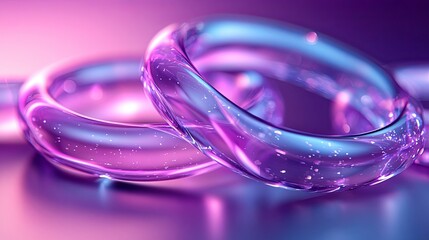 Poster - Elegant translucent rings with a shimmering purple and blue gradient creating a captivating design on a reflective surface. Generative AI