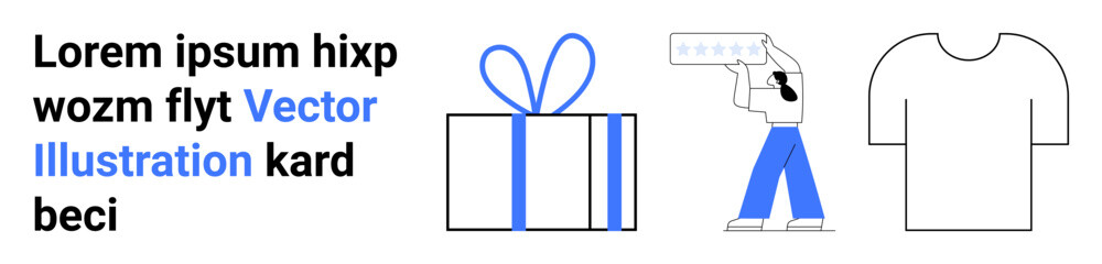 Gift box with blue ribbon, person holding star rating card, t-shirt outline. Ideal for online reviews, gift giving, e-commerce promotions, apparel industry, customer feedback, rewards programs