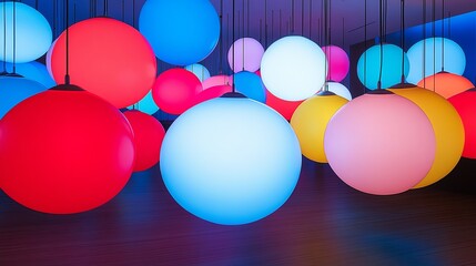 Poster - Colorful illuminated spheres create an enchanting atmosphere in a modern art gallery at night. Generative AI