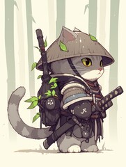 Wall Mural - A Grey Cat Samurai Stands Ready in Bamboo Forest