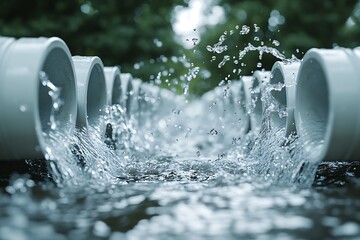 Poster - Dynamic image of countless PVC pipes with water jets, illustrating powerful water management solutions : Generative AI