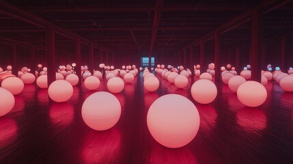 Poster - Vibrant spheres illuminate an industrial space with dynamic lighting effects during an evening art installation. Generative AI