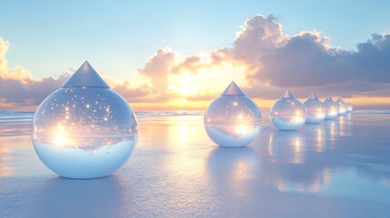 Poster - Glistening spheres reflecting sunlight on calm beach during sunrise, creating a serene and magical atmosphere. Generative AI