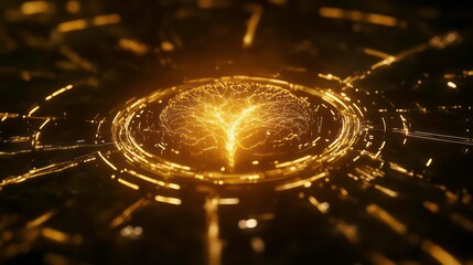 Fototapete - Glowing tree of life within a circular technological interface.