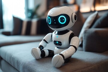 Aufkleber - Cute Futuristic Robot Sitting in Cozy Room with Modern Interior Design : Generative AI