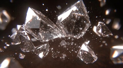 Poster - Shimmering shards of crystal scatter across a dark surface reflecting light in various angles. Generative AI