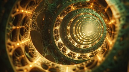 Poster - Intricate golden spiral structure with glowing patterns viewed from a central point providing a sense of depth and movement. Generative AI