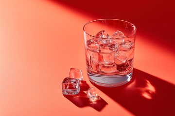 Wall Mural - A glass of soda filled with ice cubes, set against a bright red background, showcases a refreshing drink. Copy space.