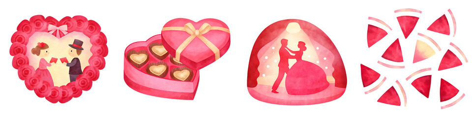 Poster - A colorful assortment of heart-shaped items, including a decorative box, chocolate hearts, and a dome featuring a dancing couple.