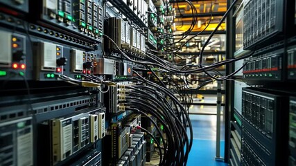 Aufkleber - close up of network server rack with ethernet cables and flashing lights indicating data transfer an