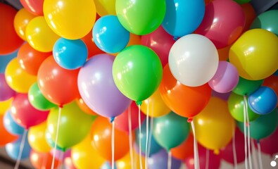 Wall Mural - Colorful balloons, vibrant party decor, helium-filled latex balloons, festive atmosphere, close-up, multicolored, yellow, green, blue, red, pink, purple, white, celebration, birthday party, joyful moo