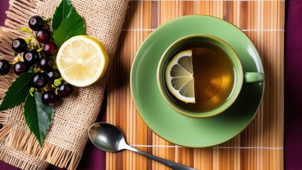  steaming cup of tea rests on a saucer, adorned with a lemon slice and a scattering of berries. Fresh leaves surround the cup, adding a touch of nature to the scene