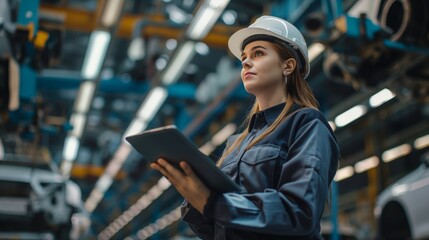 Poster - Female engineer in hard hat and safety gear uses digital tablet to inspect automotive manufacturing plant. Focused professional in industrial setting with bright overhead lighting