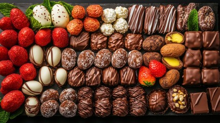 Wall Mural - Close-up of assorted chocolates and nuts in various shapes, arranged on a brown background, concept of dessert variety