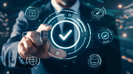 Poster - A businessman uses a futuristic digital interface, emphasizing technology, innovation, and digital transformation in modern business. The interface includes digital icons and graphs