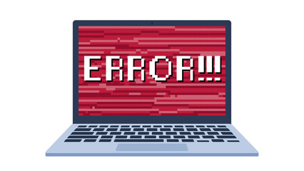 Fototapete - Graphics in flat style. Laptop standing on a desk. Next to the laptop is a plant and a cup of coffee. On the laptop screen there is red noise and the inscription ERROR!. Broken laptop at work.