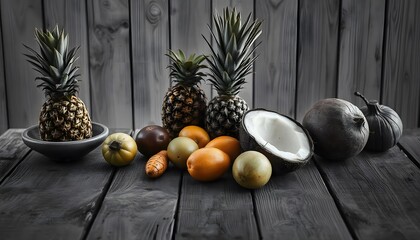 Wall Mural - Still life of various tropical fruits on a gray wooden surface with rustic style