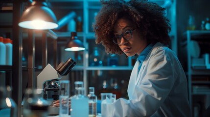 Aufkleber - In a bluelit laboratory setting, a scientist in a white lab coat and glasses displays professionalism, conducting precise research and demonstrating commitment to the scientific process