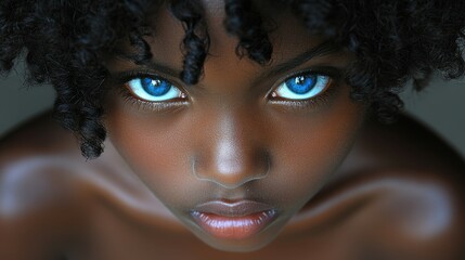a close-up features a child with deep blue eyes gazing directly at the viewer. the soft curls frame 
