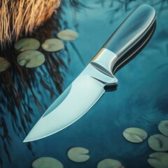 Poster - Sleek metallic knife handle displayed on smooth water surface nature product reflective environment close-up perspective