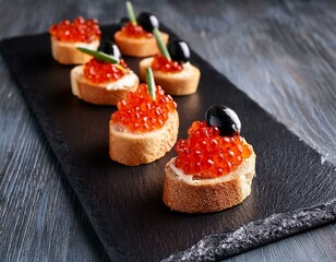 canapes with red caviar and olives on croutons of white bread on slate board