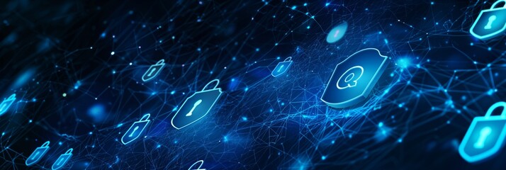 Poster - The digital security interface showcases blue neon icons and connecting lines, emphasizing data protection in a virtual environment for strong cybersecurity measures in networking and IT