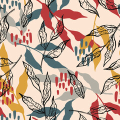 Wall Mural - Hand drawn seamless pattern with leaves. Botanical background. Vector tile for textile design, wrapping paper, decoration, web, social media