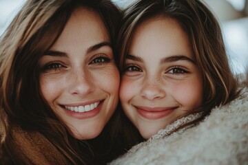 Wall Mural - Smiling women embrace warmly while snuggled under a cozy blanket in a bright indoor space