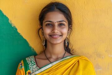 Young woman in traditional attire poses against a vibrant wall background in bright daylight