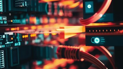 Poster - close up of network cables plugged into servers in a data center, illuminated by blinking orange and