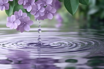 Wall Mural - Droplets falling from blooming lilacs create ripples in serene water surface during a tranquil afternoon