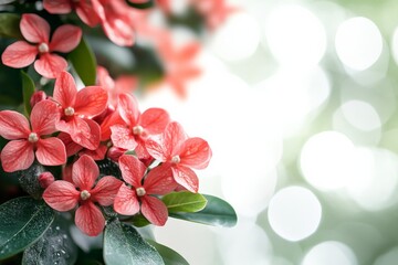 Wall Mural - Beautiful cluster of red flowers blooming in a lush garden under soft sunlight in springtime