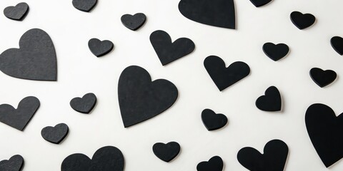 Poster - Monochrome Pattern of Black and White Hearts Scattered on a Neutral Background, showcasing Love and Romance