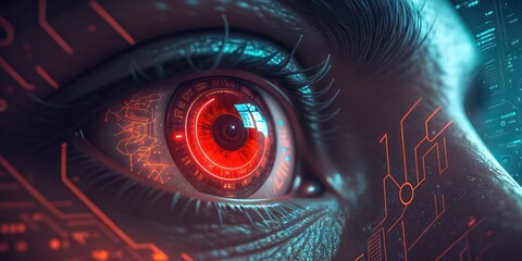 Poster - close-up of a red and blue eye with intense gaze abstract realistic illustration wallpaper backgroun