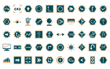 Poster - 50 linear user interface icon pack. vector thin line turn, viewer, right up arrow, looping arrows, upward rotation with broken line, clockwise drawn arrow, 3d forward arrow icons suitable for apps