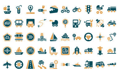 Poster - 50 linear transport icon pack. vector thin line ferry, hands free device, boating, car painting, motorsport, bicycle rental, motorbike icons suitable for apps and websites ui designs.