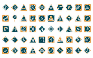 Poster - 50 linear traffic signs icon pack. vector thin line prohibited way, bridge road, hump, no fireworks,