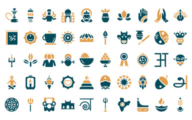 Poster - 50 linear india icon pack. vector thin line laddu, kandeel, indian goddess, taj mahal, kathakali, ku