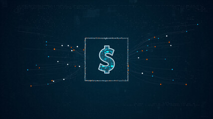 Poster - Blue digital money logo with particles dot spread on abstract background with crypto currency finance and digital money concepts