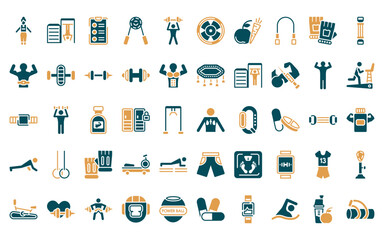 Poster - 50 linear gym and fitness icon pack. vector thin line anatomy, exercise hang bar, to do list, sport 