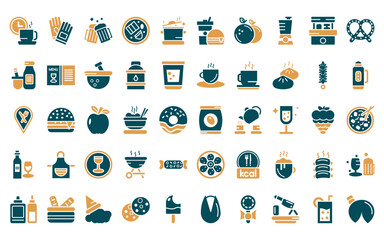 50 linear food icon pack. vector thin line pack, protection gloves, beers, hainanese chicken, stew, junk food, slot icons suitable for apps and websites ui designs.