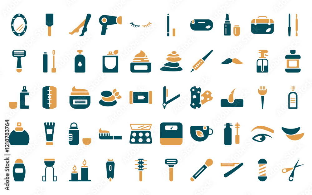 50 linear beauty icon pack. vector thin line flat iron, inclined ...