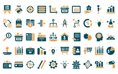Poster - 50 linear business icon pack. vector thin line mortgage loan, cooperate, circular target, basic burg