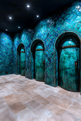 Sticker - A modern hallway with three elegantly arched doors, surrounded by vibrant turquoise walls and a stylish tile floor, illuminated by recessed lights.